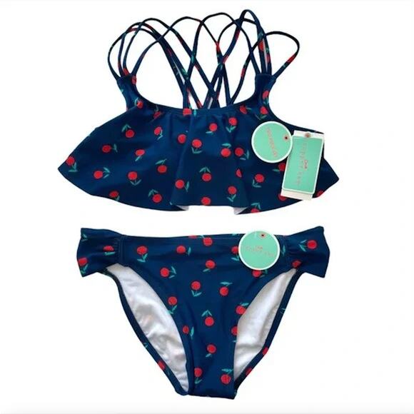 KIDS GIRLS Navy Blue & Red Cherry Print Bikini Swimsuit SET โ Girls 14 - Picture 5 of 5